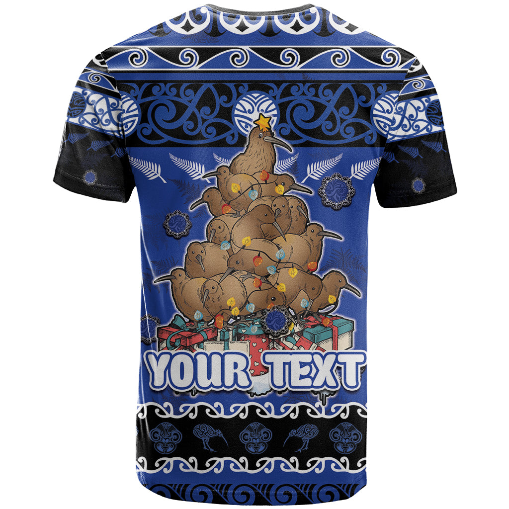 Personalised New Zealand July Christmas T Shirt Maori Kiwi Xmas Tree - Blue LT05 - Polynesian Pride
