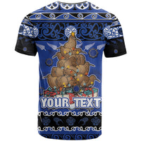 Personalised New Zealand July Christmas T Shirt Maori Kiwi Xmas Tree - Blue LT05 - Polynesian Pride