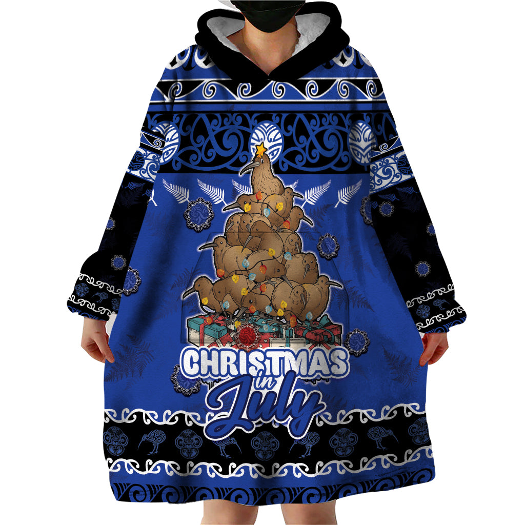 Personalised New Zealand July Christmas Wearable Blanket Hoodie Maori Kiwi Xmas Tree - Blue LT05 - Polynesian Pride