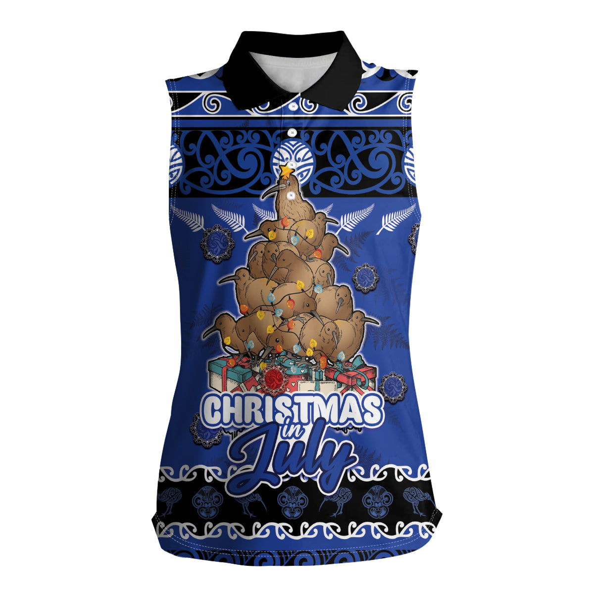 Personalised New Zealand July Christmas Women Sleeveless Polo Shirt Maori Kiwi Xmas Tree - Blue LT05 Female Blue - Polynesian Pride