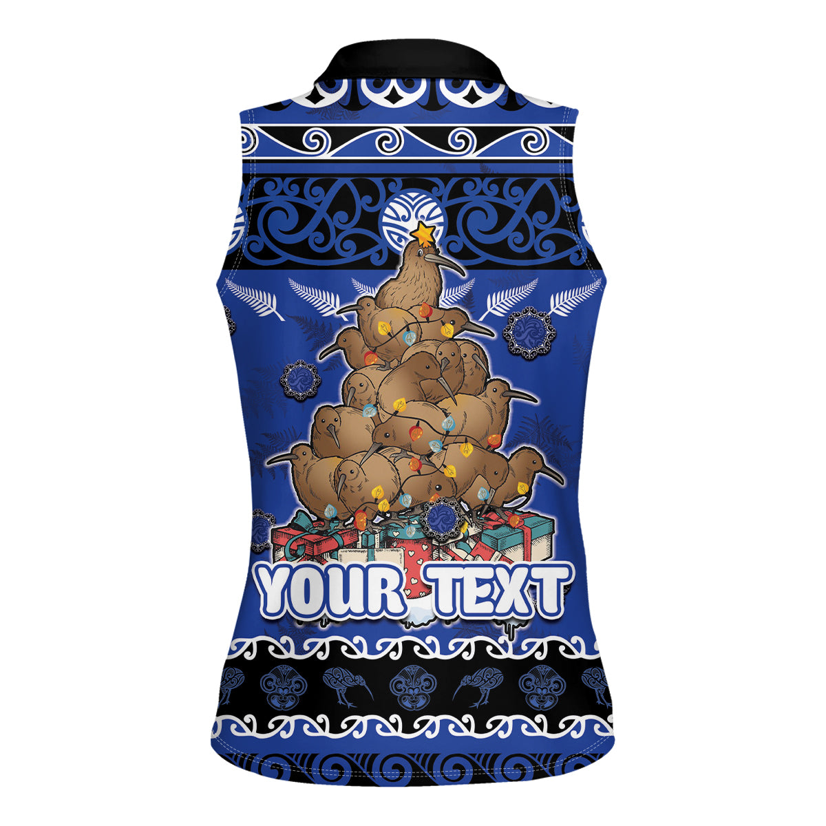 Personalised New Zealand July Christmas Women Sleeveless Polo Shirt Maori Kiwi Xmas Tree - Blue LT05 - Polynesian Pride