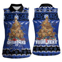 Personalised New Zealand July Christmas Women Sleeveless Polo Shirt Maori Kiwi Xmas Tree - Blue LT05 - Polynesian Pride