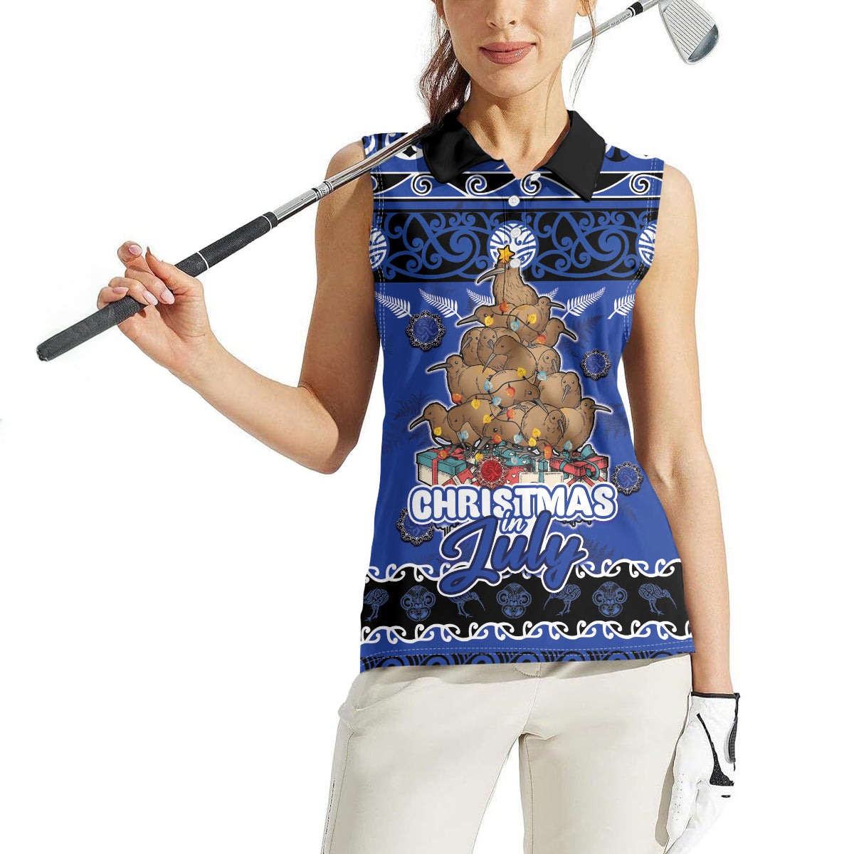 Personalised New Zealand July Christmas Women Sleeveless Polo Shirt Maori Kiwi Xmas Tree - Blue LT05 - Polynesian Pride