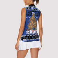 Personalised New Zealand July Christmas Women Sleeveless Polo Shirt Maori Kiwi Xmas Tree - Blue LT05 - Polynesian Pride