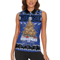 Personalised New Zealand July Christmas Women Sleeveless Polo Shirt Maori Kiwi Xmas Tree - Blue LT05 - Polynesian Pride