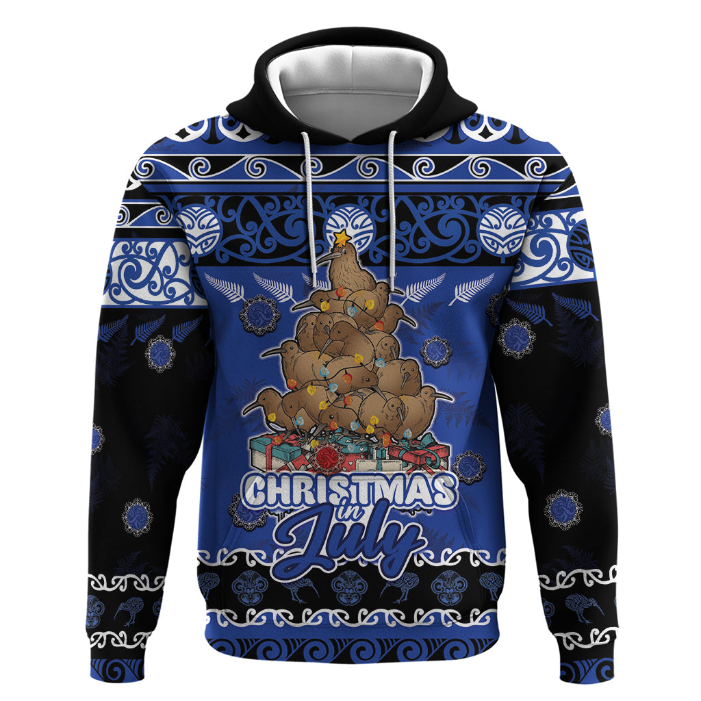 Personalised New Zealand July Christmas Zip Hoodie Maori Kiwi Xmas Tree - Blue LT05 Pullover Hoodie Blue - Polynesian Pride