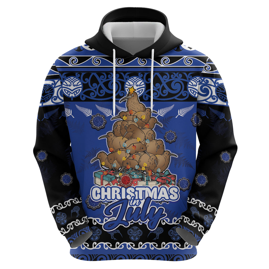 Personalised New Zealand July Christmas Zip Hoodie Maori Kiwi Xmas Tree - Blue LT05 - Polynesian Pride
