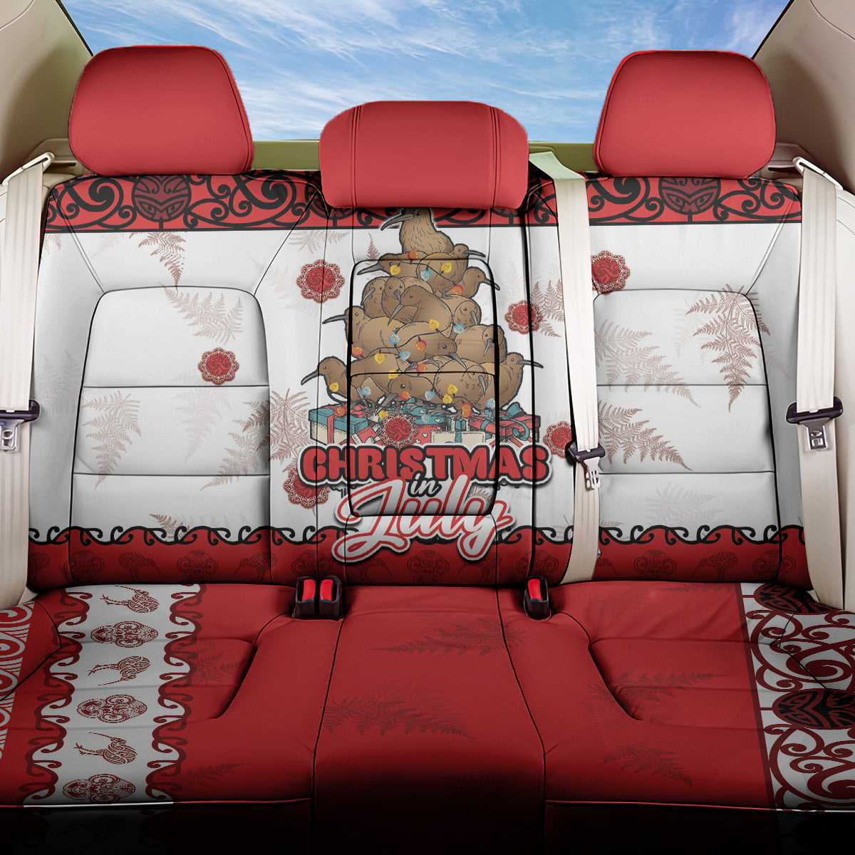New Zealand July Christmas Back Car Seat Cover Maori Kiwi Xmas Tree - White LT05 One Size White - Polynesian Pride