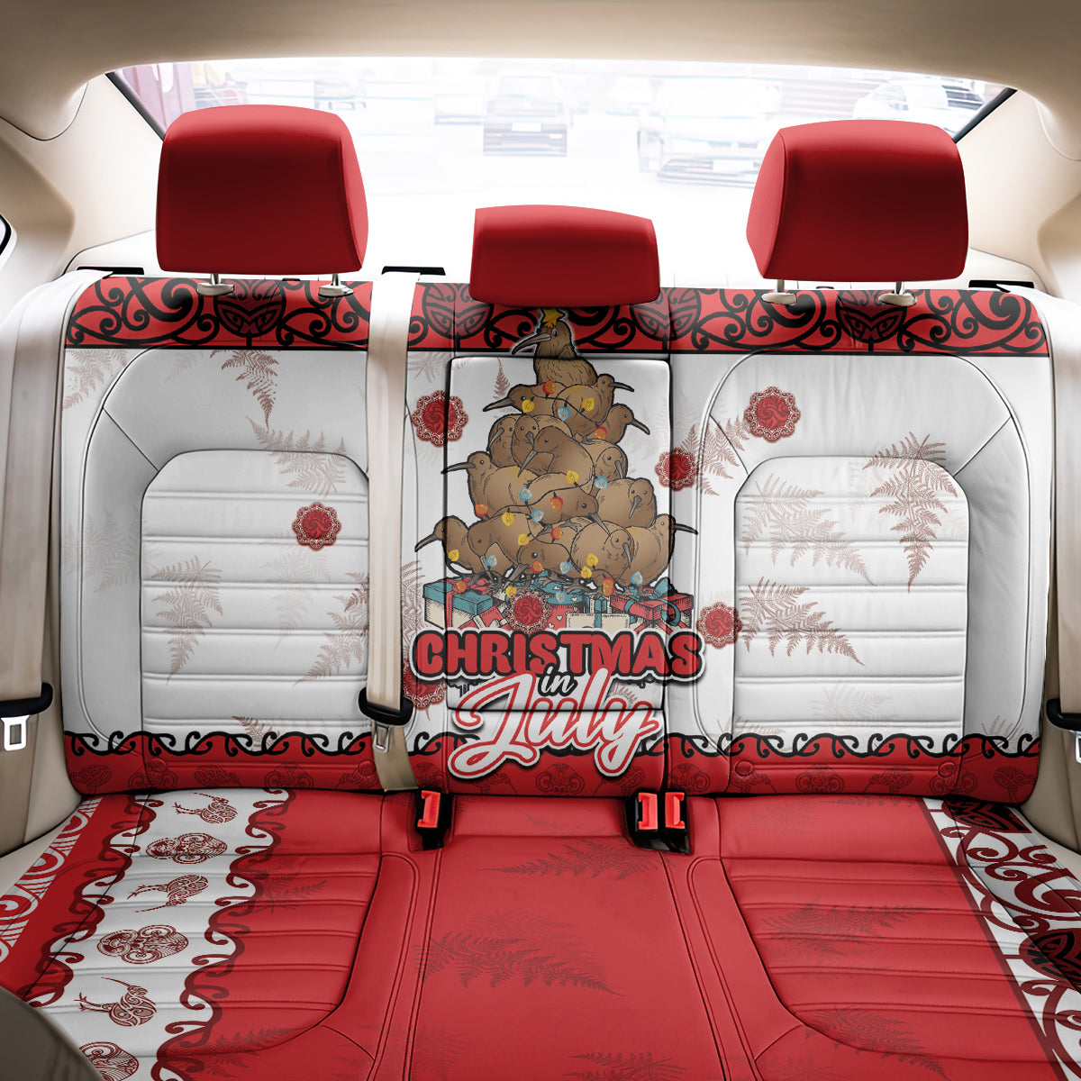 New Zealand July Christmas Back Car Seat Cover Maori Kiwi Xmas Tree - White LT05 - Polynesian Pride