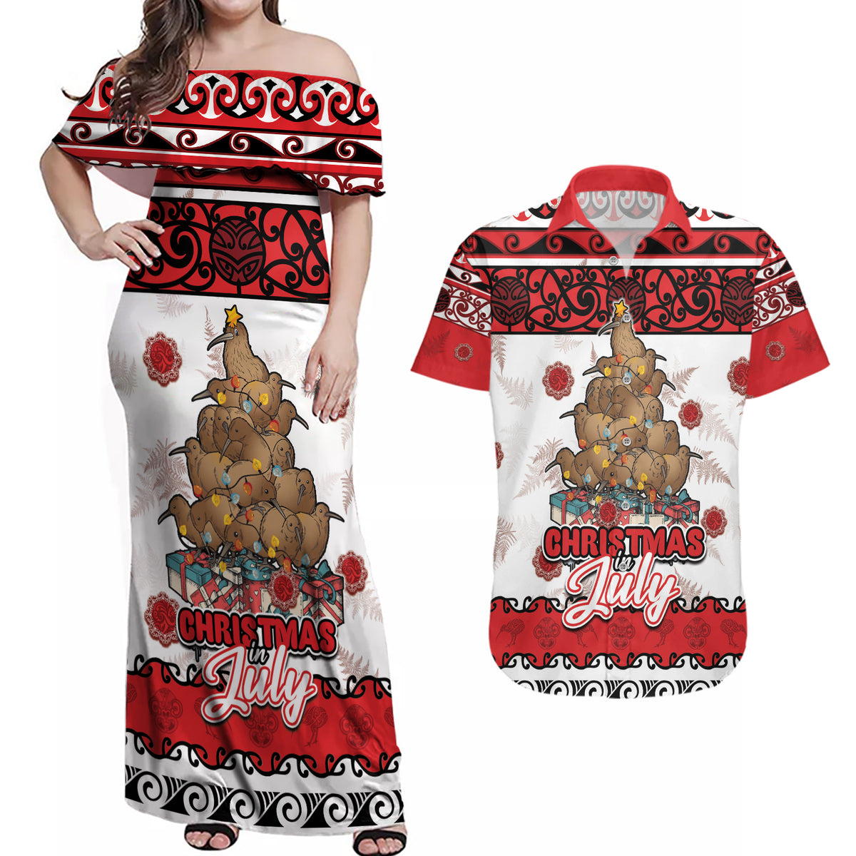 Personalised New Zealand July Christmas Couples Matching Off Shoulder Maxi Dress and Hawaiian Shirt Maori Kiwi Xmas Tree - White LT05 White - Polynesian Pride