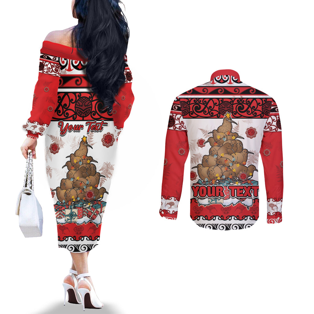 Personalised New Zealand July Christmas Couples Matching Off The Shoulder Long Sleeve Dress and Long Sleeve Button Shirt Maori Kiwi Xmas Tree - White LT05 - Polynesian Pride