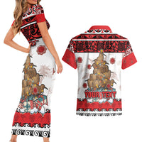Personalised New Zealand July Christmas Couples Matching Short Sleeve Bodycon Dress and Hawaiian Shirt Maori Kiwi Xmas Tree - White LT05 - Polynesian Pride
