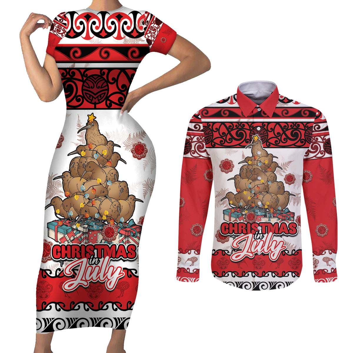 Personalised New Zealand July Christmas Couples Matching Short Sleeve Bodycon Dress and Long Sleeve Button Shirt Maori Kiwi Xmas Tree - White LT05 White - Polynesian Pride
