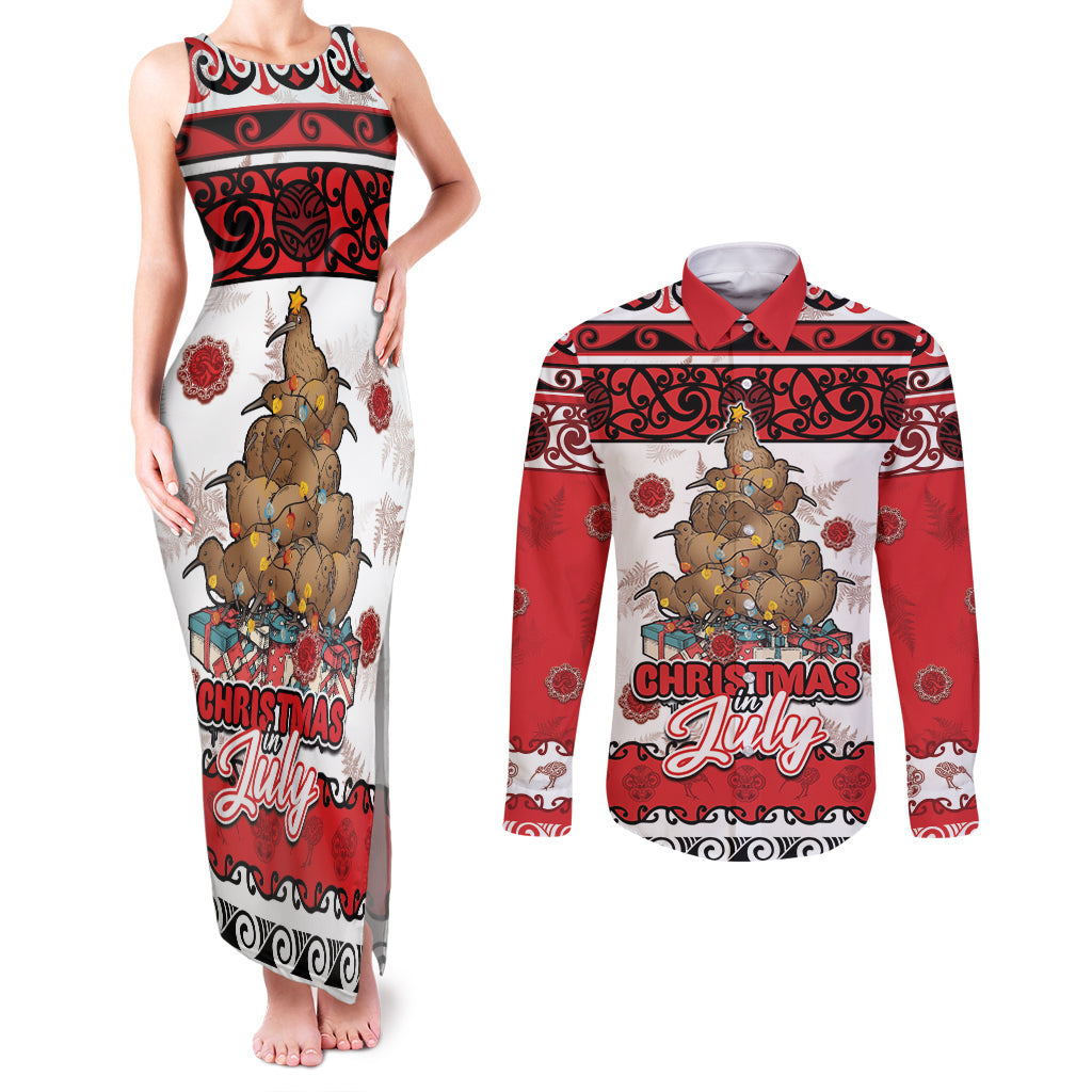 Personalised New Zealand July Christmas Couples Matching Tank Maxi Dress and Long Sleeve Button Shirt Maori Kiwi Xmas Tree - White LT05 White - Polynesian Pride