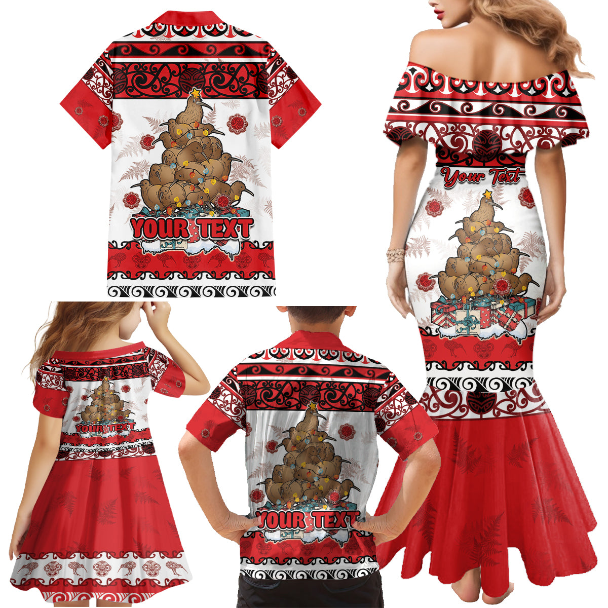 Personalised New Zealand July Christmas Family Matching Mermaid Dress and Hawaiian Shirt Maori Kiwi Xmas Tree - White LT05 - Polynesian Pride