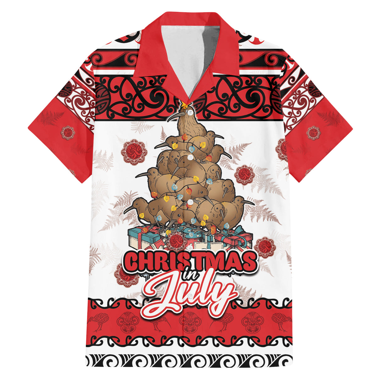 Personalised New Zealand July Christmas Family Matching Mermaid Dress and Hawaiian Shirt Maori Kiwi Xmas Tree - White LT05 Dad's Shirt - Short Sleeve White - Polynesian Pride