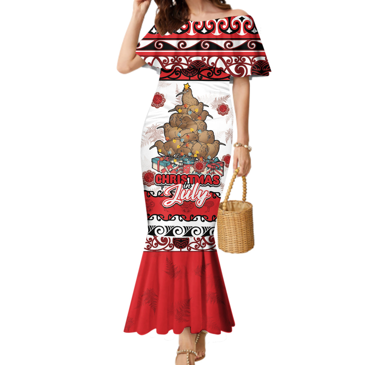 Personalised New Zealand July Christmas Family Matching Mermaid Dress and Hawaiian Shirt Maori Kiwi Xmas Tree - White LT05 Mom's Dress White - Polynesian Pride