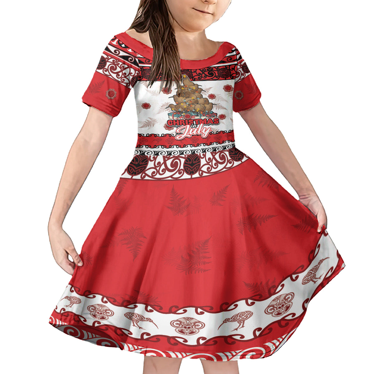 Personalised New Zealand July Christmas Family Matching Off Shoulder Maxi Dress and Hawaiian Shirt Maori Kiwi Xmas Tree - White LT05 Daughter's Dress White - Polynesian Pride