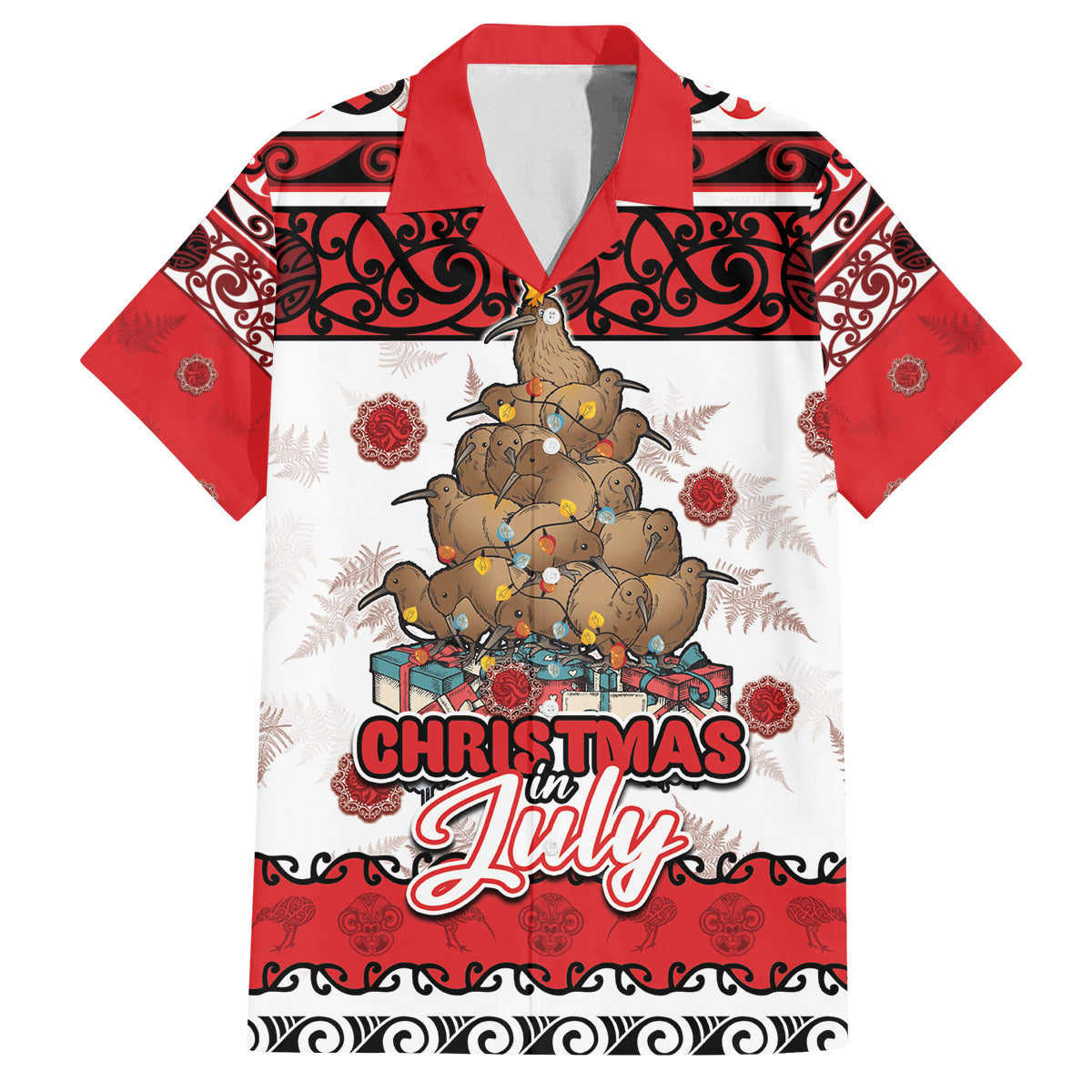 Personalised New Zealand July Christmas Family Matching Off Shoulder Short Dress and Hawaiian Shirt Maori Kiwi Xmas Tree - White LT05 Dad's Shirt - Short Sleeve White - Polynesian Pride