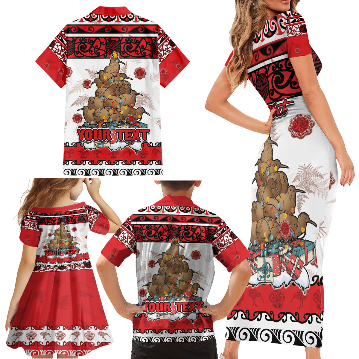 Personalised New Zealand July Christmas Family Matching Short Sleeve Bodycon Dress and Hawaiian Shirt Maori Kiwi Xmas Tree - White LT05 - Polynesian Pride