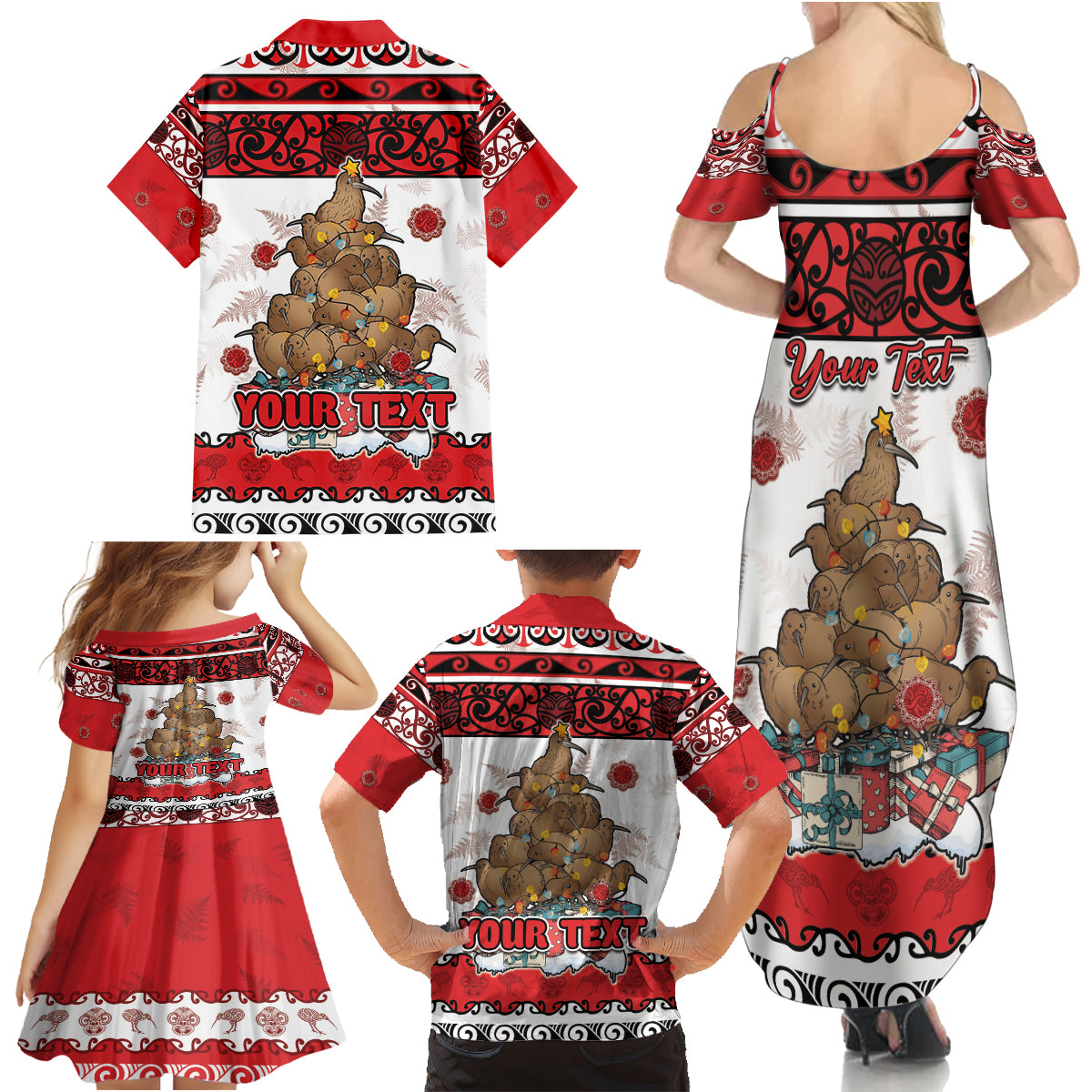 Personalised New Zealand July Christmas Family Matching Summer Maxi Dress and Hawaiian Shirt Maori Kiwi Xmas Tree - White LT05 - Polynesian Pride