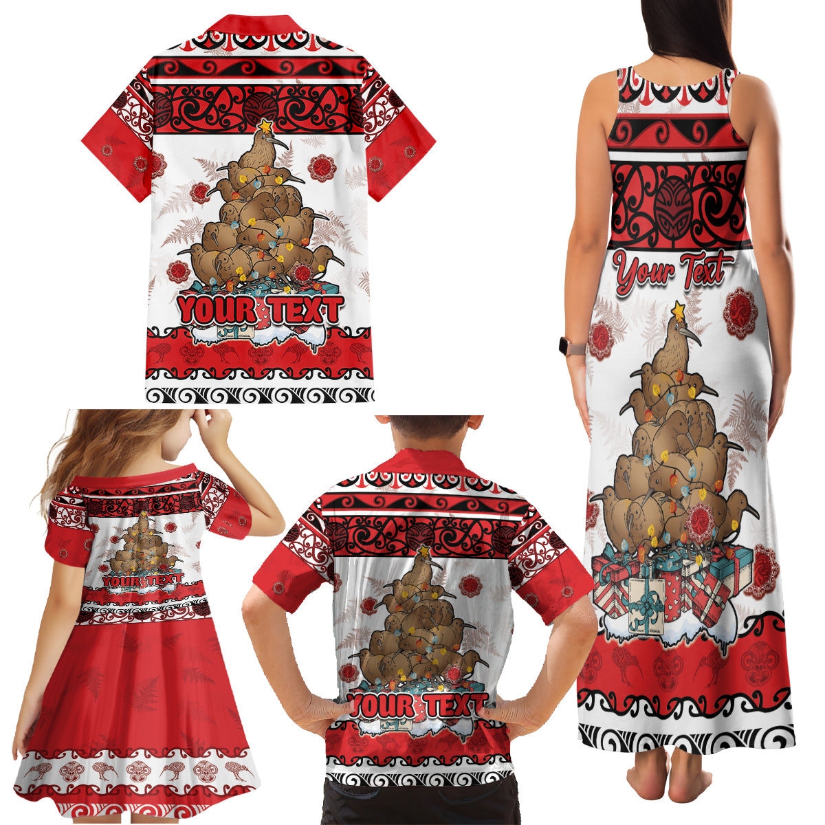 Personalised New Zealand July Christmas Family Matching Tank Maxi Dress and Hawaiian Shirt Maori Kiwi Xmas Tree - White LT05 - Polynesian Pride