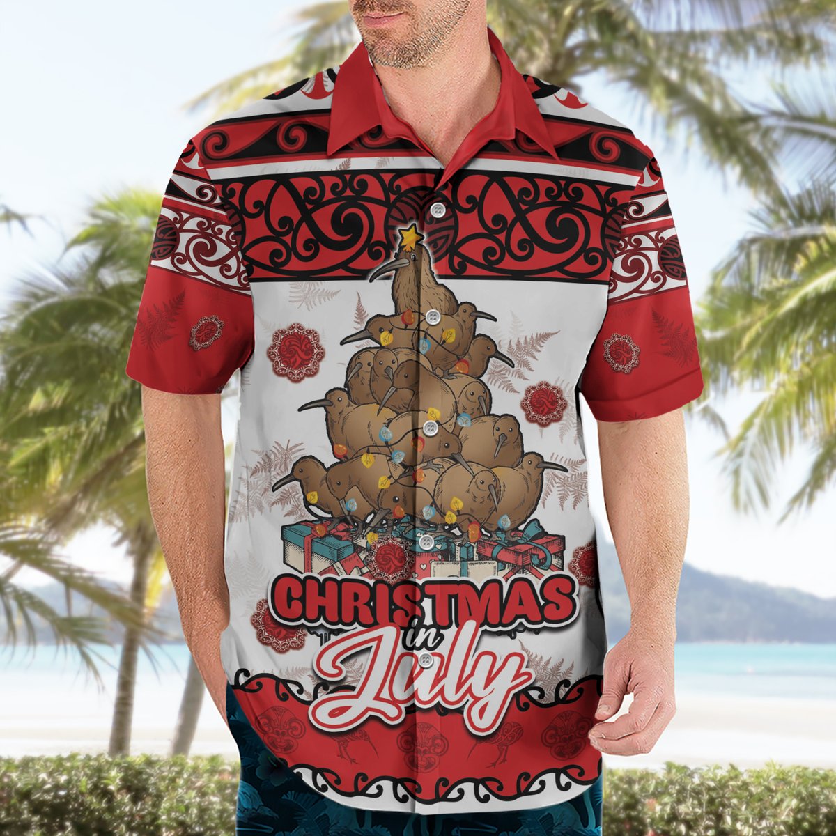 Personalised New Zealand July Christmas Hawaiian Shirt Maori Kiwi Xmas Tree - White LT05 - Polynesian Pride