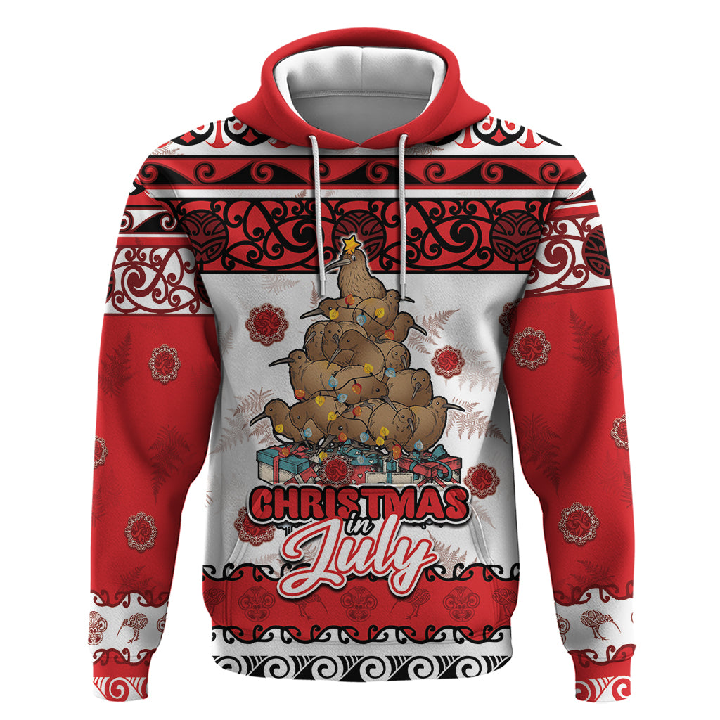 Personalised New Zealand July Christmas Hoodie Maori Kiwi Xmas Tree - White LT05 Pullover Hoodie White - Polynesian Pride