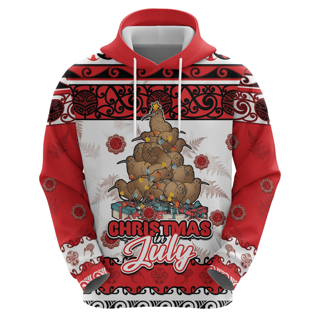 Personalised New Zealand July Christmas Hoodie Maori Kiwi Xmas Tree - White LT05 - Polynesian Pride