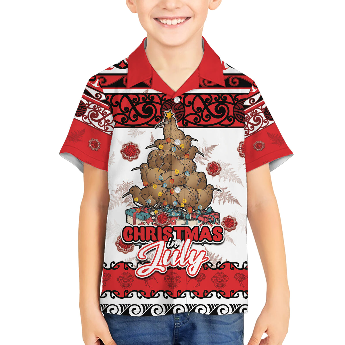 Personalised New Zealand July Christmas Kid Hawaiian Shirt Maori Kiwi Xmas Tree - White LT05 Kid White - Polynesian Pride
