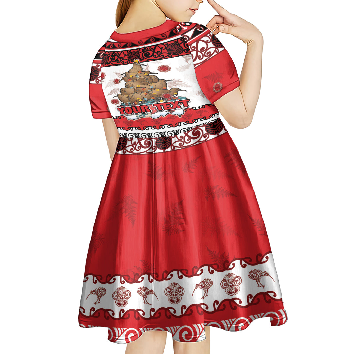 Personalised New Zealand July Christmas Kid Short Sleeve Dress Maori Kiwi Xmas Tree - White LT05 - Polynesian Pride