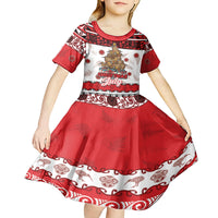 Personalised New Zealand July Christmas Kid Short Sleeve Dress Maori Kiwi Xmas Tree - White LT05 - Polynesian Pride