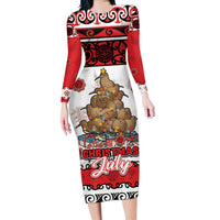 Personalised New Zealand July Christmas Long Sleeve Bodycon Dress Maori Kiwi Xmas Tree - White LT05 Long Dress White - Polynesian Pride