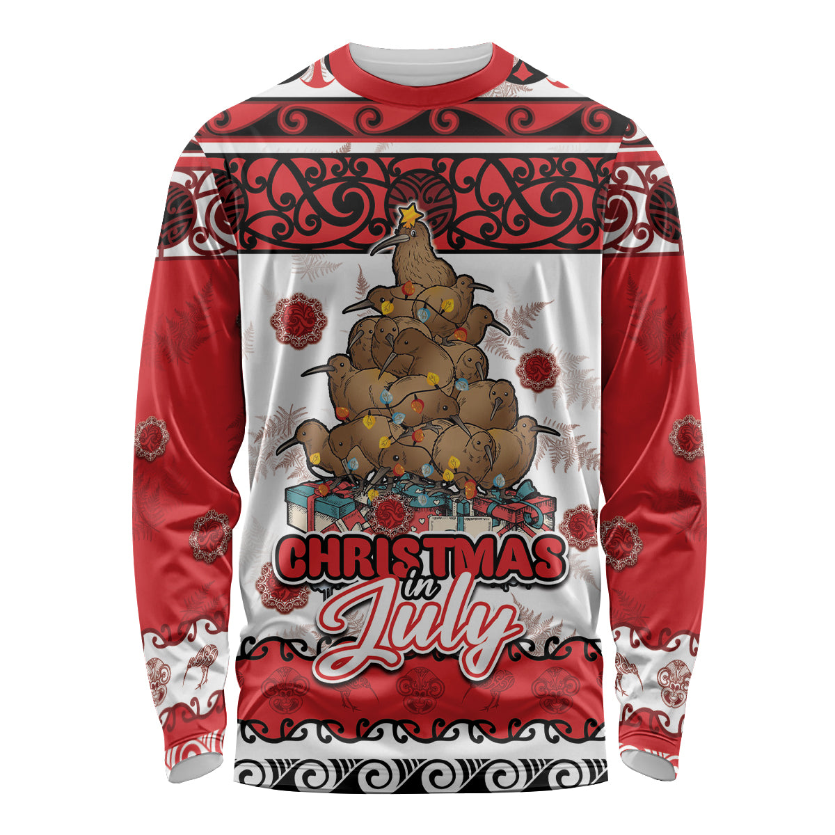 Personalised New Zealand July Christmas Long Sleeve Shirt Maori Kiwi Xmas Tree - White LT05 Unisex White - Polynesian Pride
