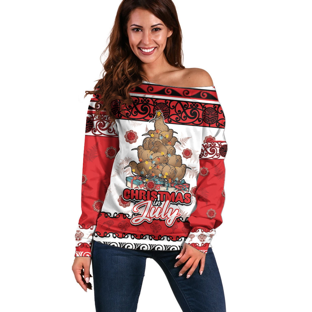 Personalised New Zealand July Christmas Off Shoulder Sweater Maori Kiwi Xmas Tree - White
