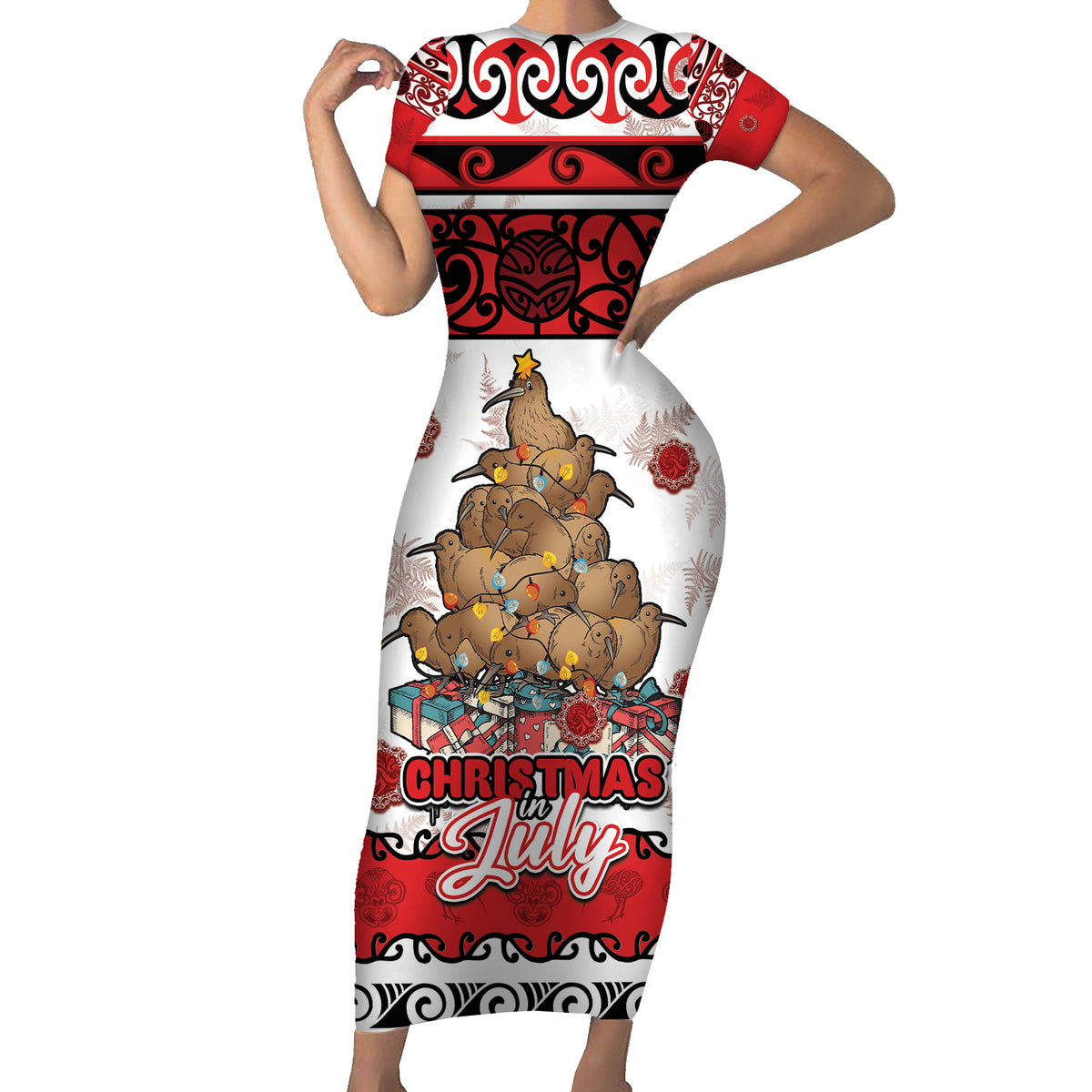 Personalised New Zealand July Christmas Short Sleeve Bodycon Dress Maori Kiwi Xmas Tree - White LT05 Long Dress White - Polynesian Pride