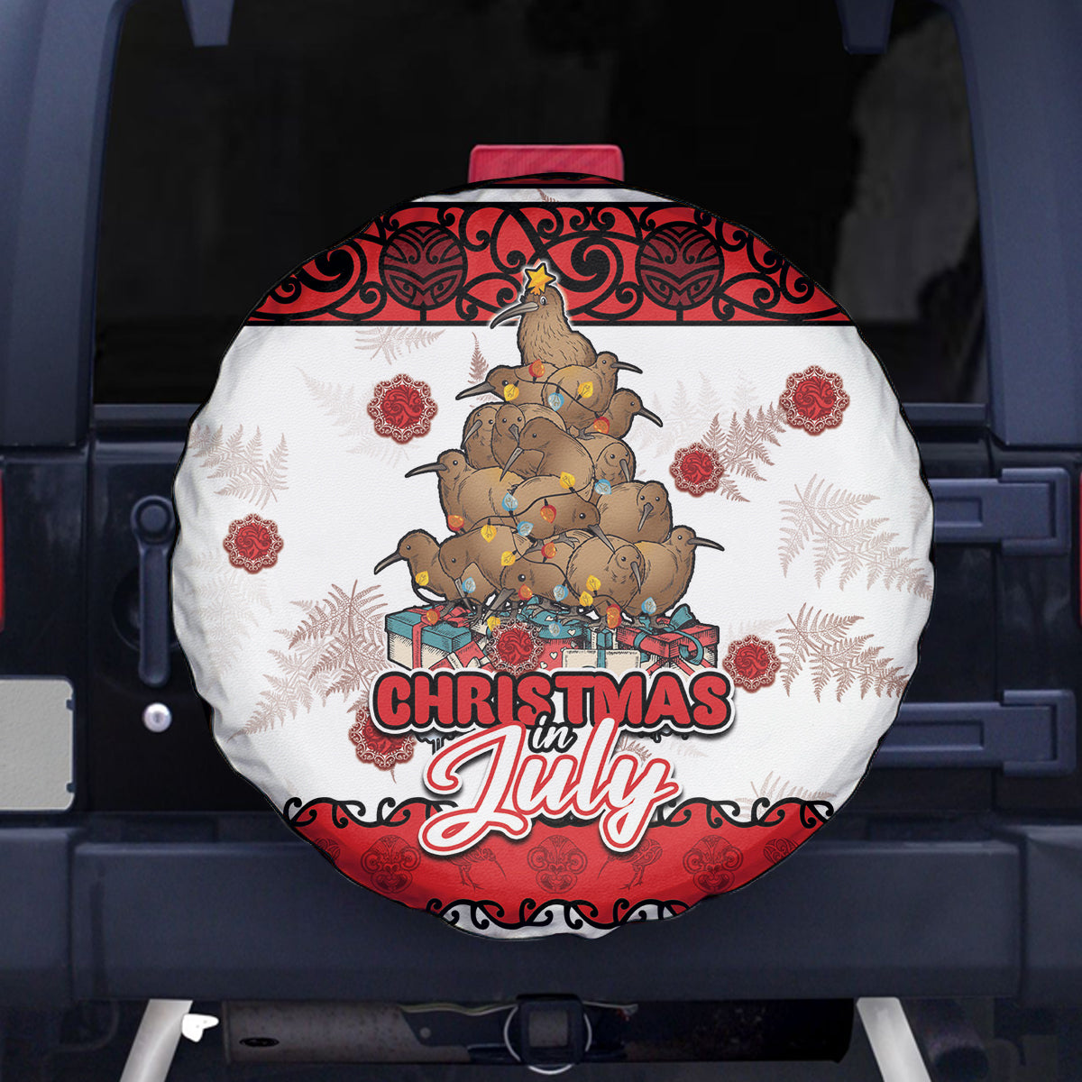 New Zealand July Christmas Spare Tire Cover Maori Kiwi Xmas Tree - White LT05 - Polynesian Pride
