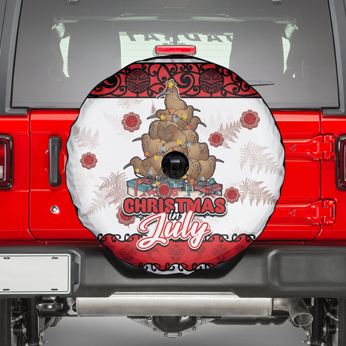 New Zealand July Christmas Spare Tire Cover Maori Kiwi Xmas Tree - White LT05 - Polynesian Pride
