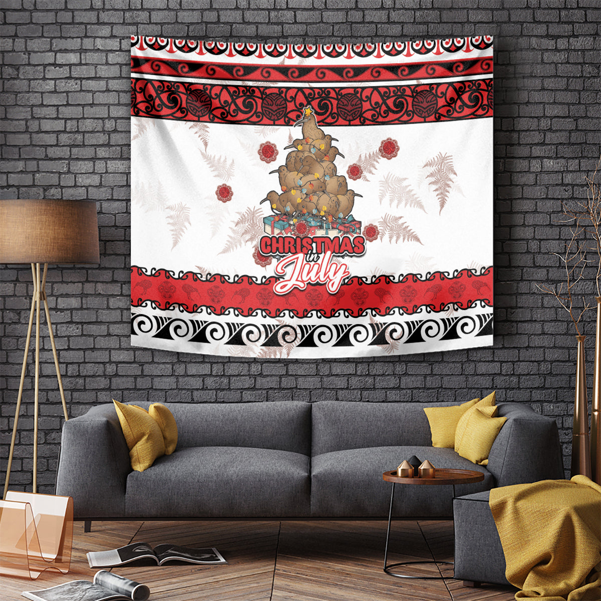 New Zealand July Christmas Tapestry Maori Kiwi Xmas Tree - White LT05 - Polynesian Pride
