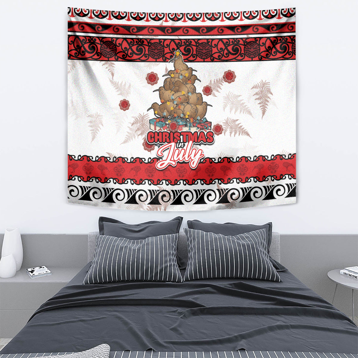 New Zealand July Christmas Tapestry Maori Kiwi Xmas Tree - White LT05 - Polynesian Pride
