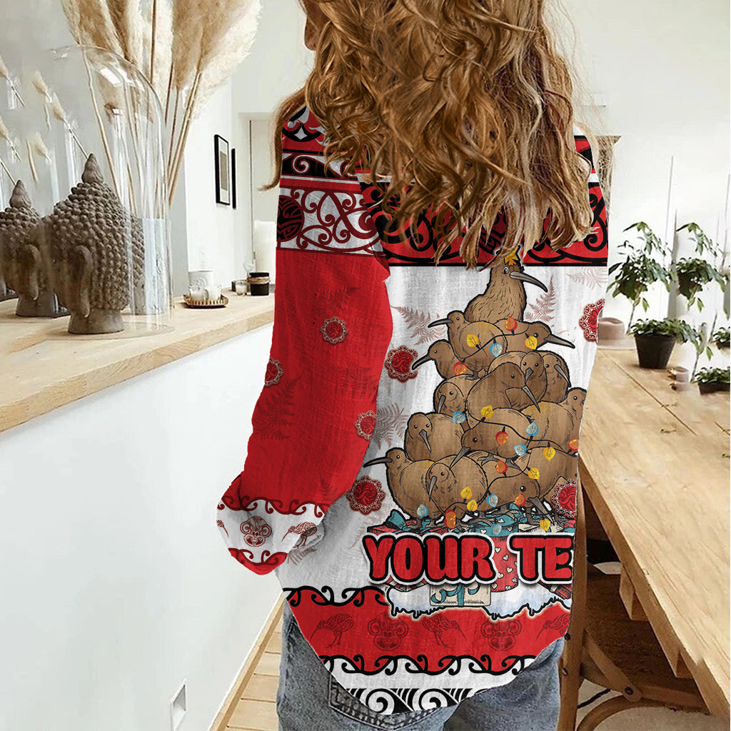 Personalised New Zealand July Christmas Women Casual Shirt Maori Kiwi Xmas Tree - White LT05 - Polynesian Pride