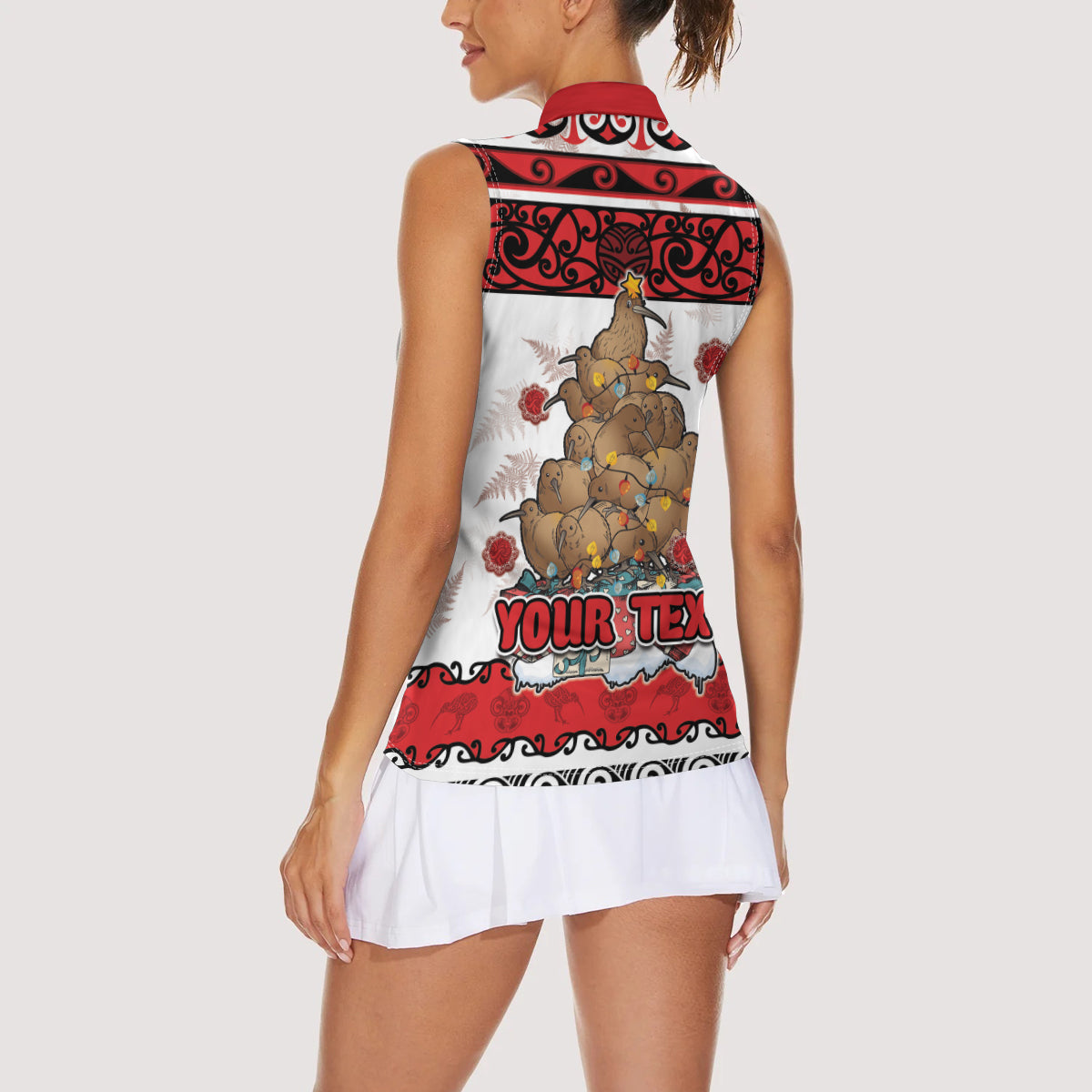 Personalised New Zealand July Christmas Women Sleeveless Polo Shirt Maori Kiwi Xmas Tree - White LT05 - Polynesian Pride