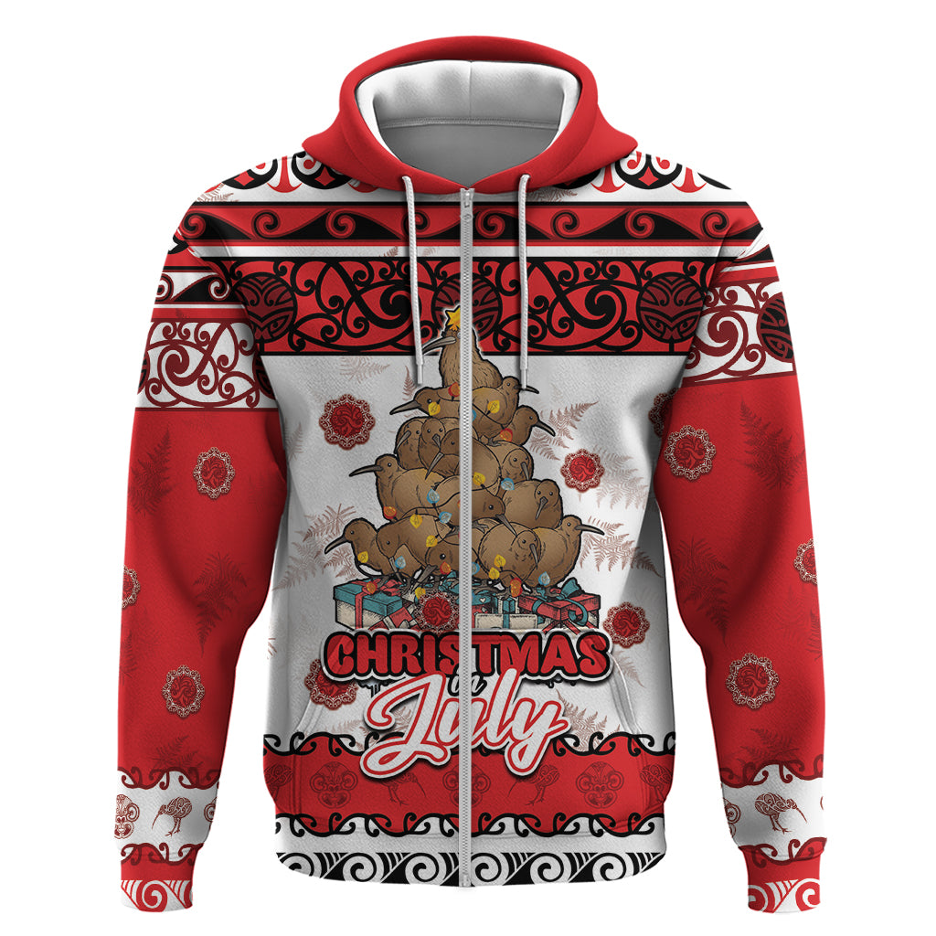 Personalised New Zealand July Christmas Zip Hoodie Maori Kiwi Xmas Tree - White LT05 Zip Hoodie White - Polynesian Pride