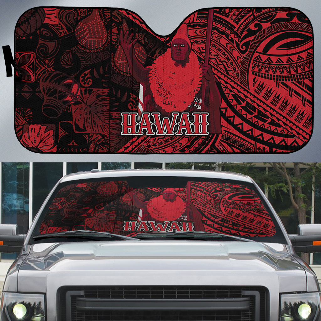 Hawaii King Kamehameha Auto Sun Shade With Hawaiian Ipu Motifs Red Version