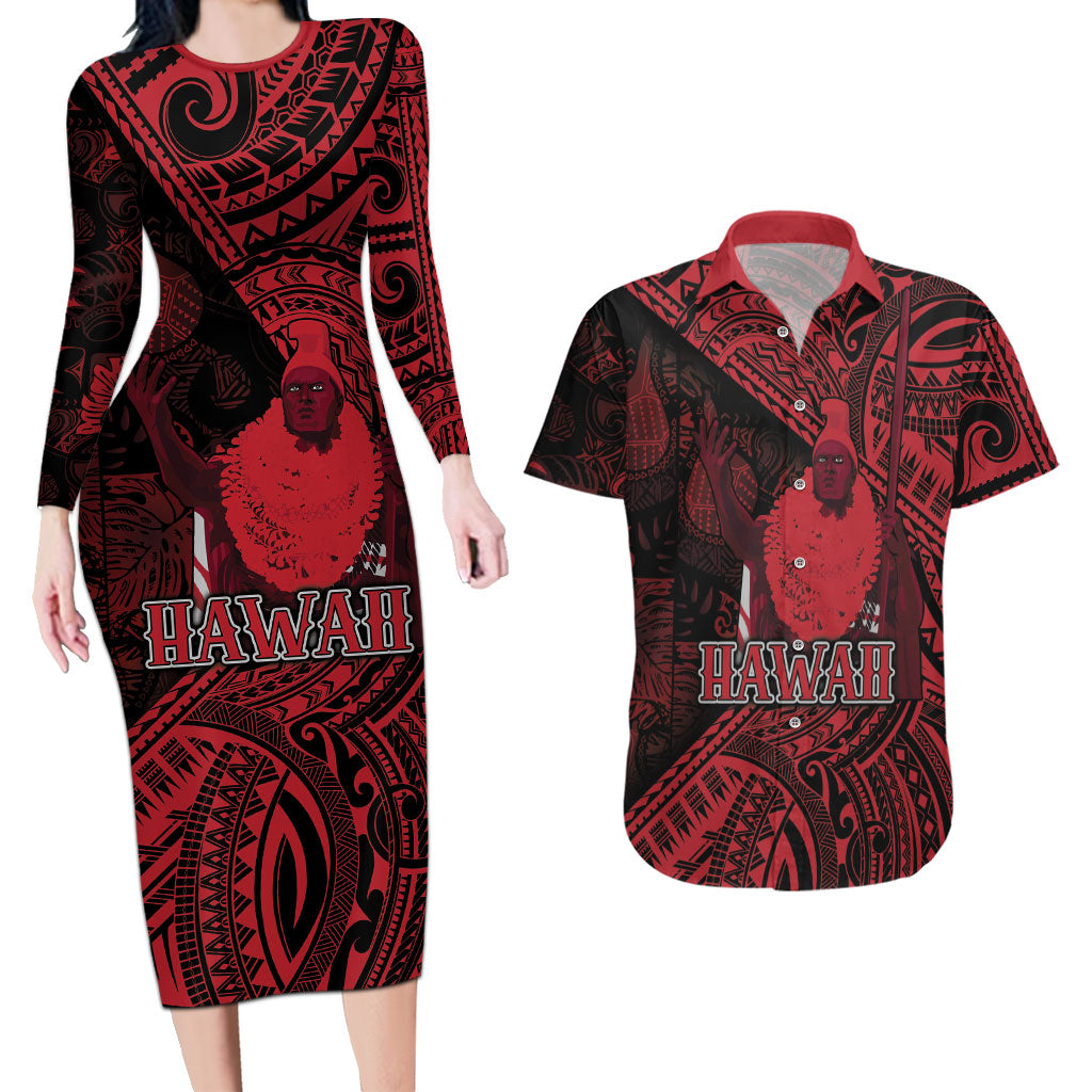 Hawaii King Kamehameha Couples Matching Long Sleeve Bodycon Dress and Hawaiian Shirt With Hawaiian Ipu Motifs Red Version LT05 Red - Polynesian Pride