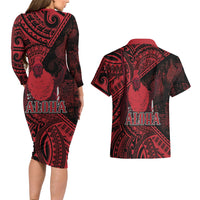 Hawaii King Kamehameha Couples Matching Long Sleeve Bodycon Dress and Hawaiian Shirt With Hawaiian Ipu Motifs Red Version LT05 - Polynesian Pride
