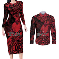 Hawaii King Kamehameha Couples Matching Long Sleeve Bodycon Dress and Long Sleeve Button Shirt With Hawaiian Ipu Motifs Red Version LT05 Red - Polynesian Pride