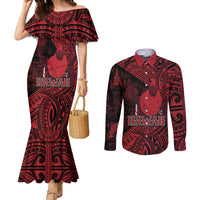 Hawaii King Kamehameha Couples Matching Mermaid Dress and Long Sleeve Button Shirt With Hawaiian Ipu Motifs Red Version LT05 Red - Polynesian Pride