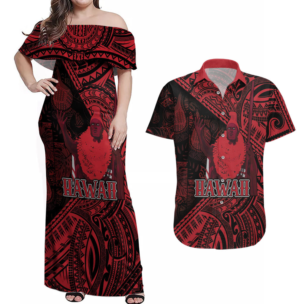 Hawaii King Kamehameha Couples Matching Off Shoulder Maxi Dress and Hawaiian Shirt With Hawaiian Ipu Motifs Red Version LT05 Red - Polynesian Pride