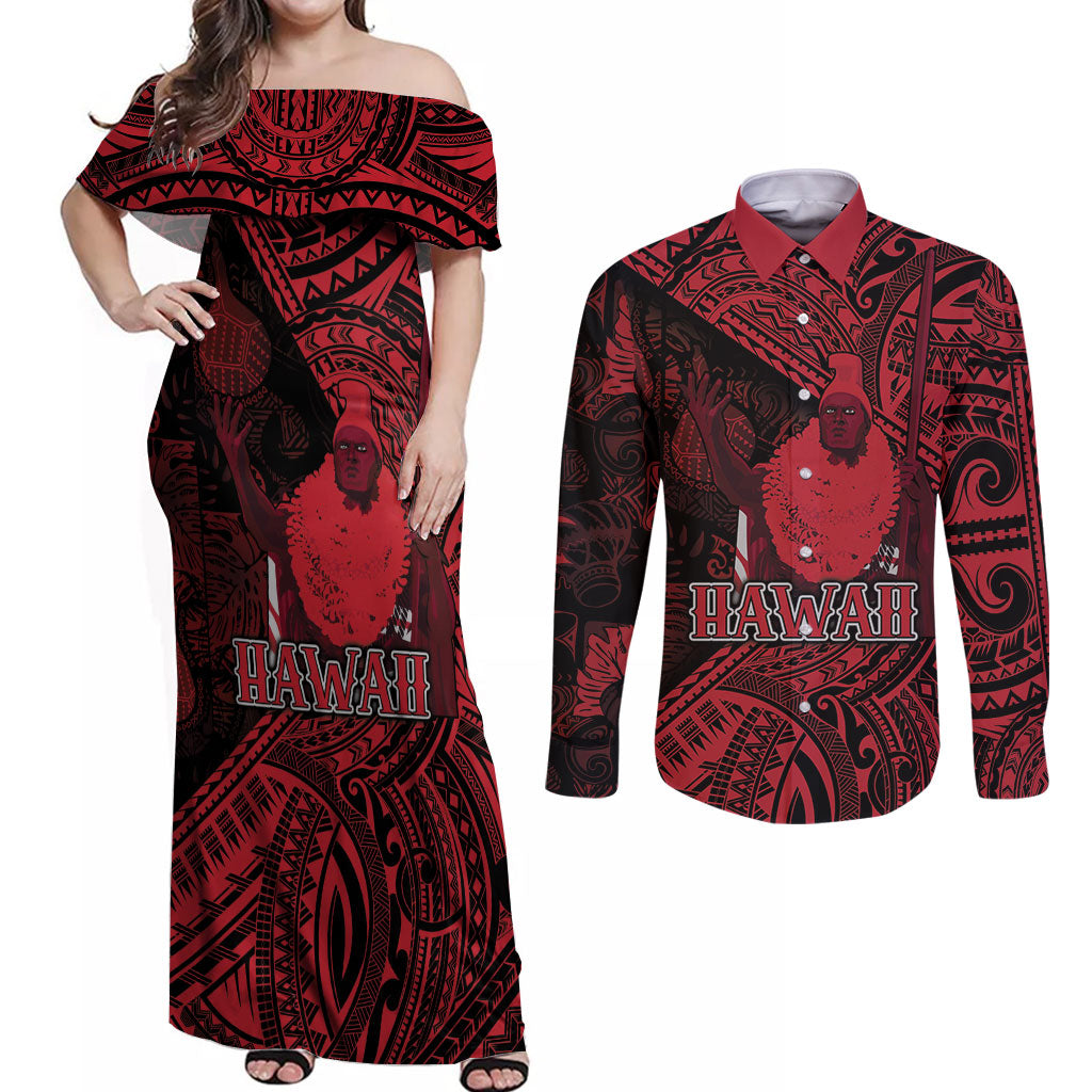 Hawaii King Kamehameha Couples Matching Off Shoulder Maxi Dress and Long Sleeve Button Shirt With Hawaiian Ipu Motifs Red Version